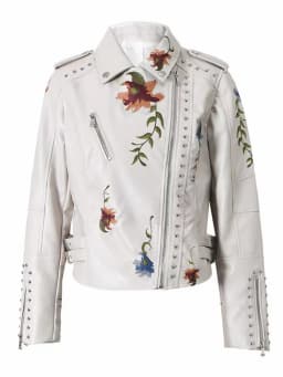 2026 New Women's High Street Floral Print Embroidery Faux Leather Jackets Female Moto & Biker Rivet Black Punk Outerwear Coats