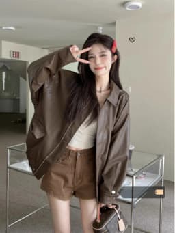 Retro American Brown Leather Jacket Women Early Autumn Black Cool Motorcycle PU Leather Loose Long Sleeve Top