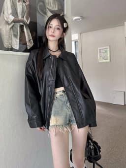 Retro American Brown Leather Jacket Women Early Autumn Black Cool Motorcycle PU Leather Loose Long Sleeve Top