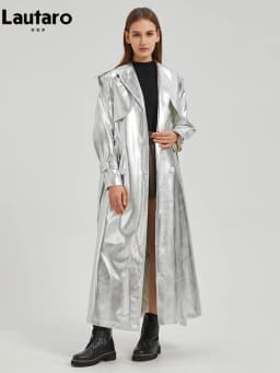 Lautaro Autumn Extra Long Gold Shiny Patent Pu Leather Trench Coat for Women Single Breasted Luxury Designer Overcoat 2024