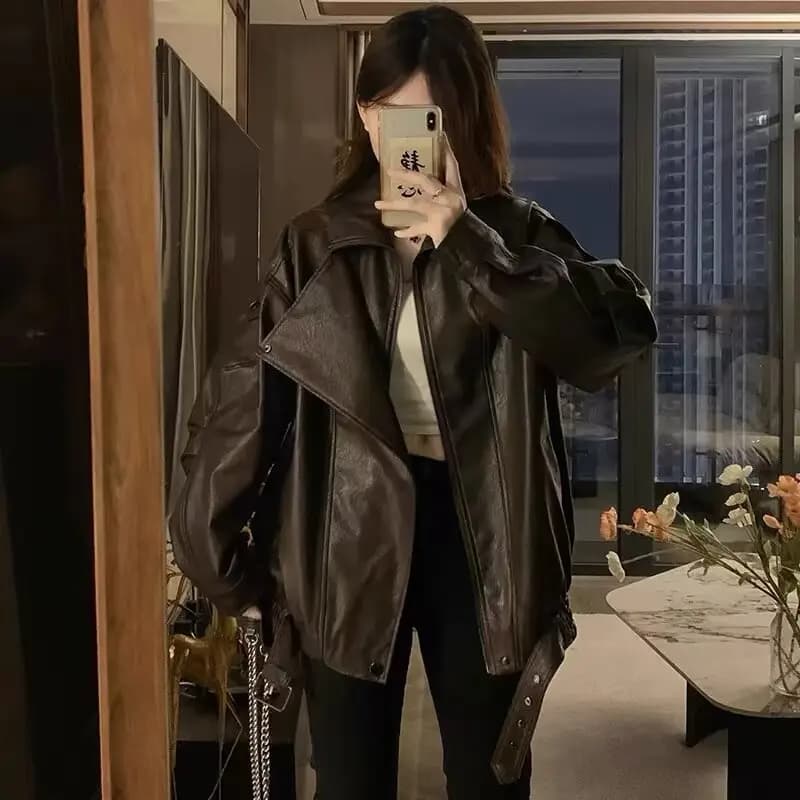 Faux Pu Leather Coats Women Solid Jackets Belt Zipper Turn Down Collar Long Sleeves Loose Casual Streetwear 2025 Spring Autumn
