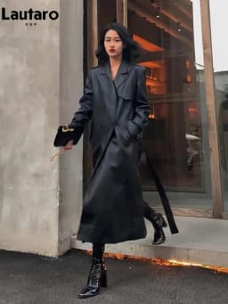 Lautaro Spring Autumn Long Black Soft Pu Leather Trench Coat for Women Belt Double Breasted Cool Handsome European Fashion 2022