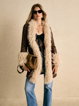 Women Winter Faux Suede Coat Long Fluffy Faux Fur Trim Boho 70s Vintage 2026 New Western Streetwear Outerwear