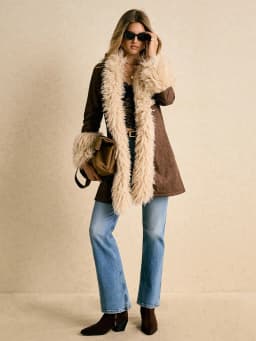 Women Winter Faux Suede Coat Long Fluffy Faux Fur Trim Boho 70s Vintage 2026 New Western Streetwear Outerwear