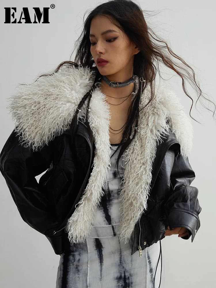 [EAM] Black Big Size PU Leather Jacket New Removable Fur Collar Long Sleeve Women Coat Fashion Tide Spring Autumn 2026 1DH2121