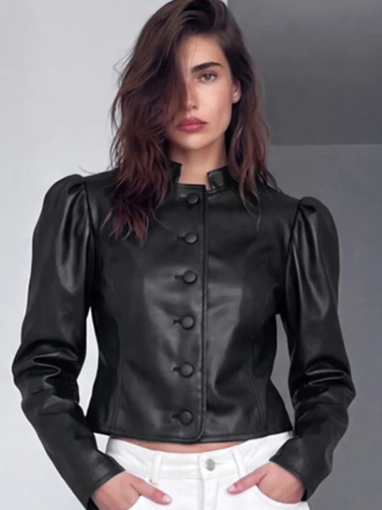 Fashion Solid Faux Leather Women's Jacket Stand Collar Button Short Loose Puff Long Sleeves Coat Chic 2026 Autumn New Daily Wear