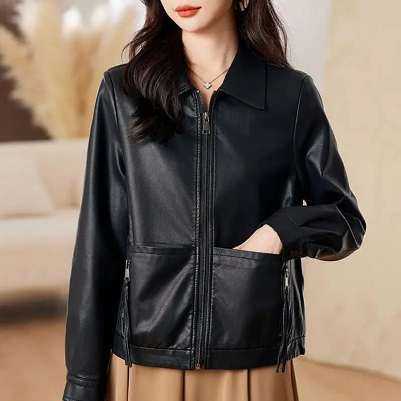 New 2026 Temperament PU Leather Jacket Women's Autumn Lapel Loose Motorcycle Jacket Ladies Casual Female Outwear Overcoat