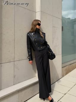 Women Black Faux Leather Cropped Jacket High Zip‑up Long Sleeve Gold Button Double‑breasted Moto Coat Autumn Winter Streetwear