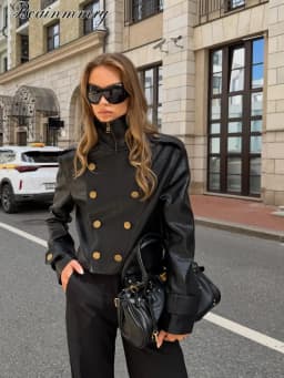 Women Black Faux Leather Cropped Jacket High Zip‑up Long Sleeve Gold Button Double‑breasted Moto Coat Autumn Winter Streetwear