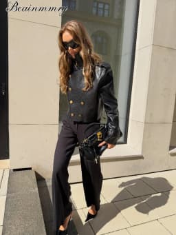 Women Black Faux Leather Cropped Jacket High Zip‑up Long Sleeve Gold Button Double‑breasted Moto Coat Autumn Winter Streetwear