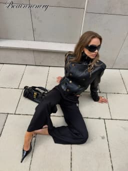 Women Black Faux Leather Cropped Jacket High Zip‑up Long Sleeve Gold Button Double‑breasted Moto Coat Autumn Winter Streetwear