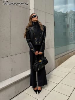 Women Black Faux Leather Cropped Jacket High Zip‑up Long Sleeve Gold Button Double‑breasted Moto Coat Autumn Winter Streetwear