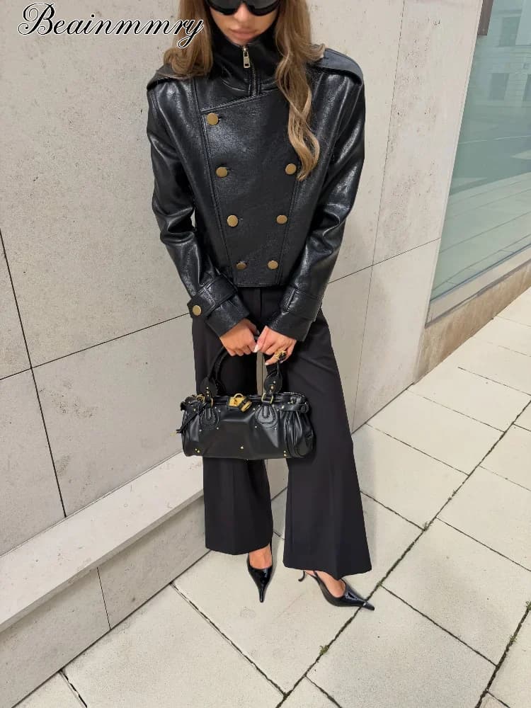 Women Black Faux Leather Cropped Jacket High Zip‑up Long Sleeve Gold Button Double‑breasted Moto Coat Autumn Winter Streetwear