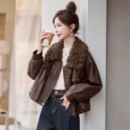 Women's Leather Jacket Fleece-lined Thickened Autumn Winter Coat New Detachable Fur Collar Stylish Warm Leather Outwear Tops