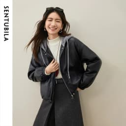 SENTUBILA Women Faux Leather Layered‑Look Biker Jacket Winter Color‑Block Drawstring Hooded Loose Outwear W64PD8107