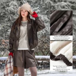 SENTUBILA Women Faux Leather Layered‑Look Biker Jacket Winter Color‑Block Drawstring Hooded Loose Outwear W64PD8107
