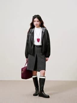SENTUBILA Women Faux Leather Layered‑Look Biker Jacket Winter Color‑Block Drawstring Hooded Loose Outwear W64PD8107