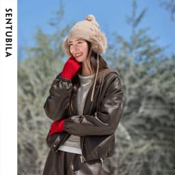 SENTUBILA Women Faux Leather Layered‑Look Biker Jacket Winter Color‑Block Drawstring Hooded Loose Outwear W64PD8107