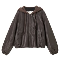 SENTUBILA Women Faux Leather Layered‑Look Biker Jacket Winter Color‑Block Drawstring Hooded Loose Outwear W64PD8107