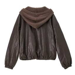 SENTUBILA Women Faux Leather Layered‑Look Biker Jacket Winter Color‑Block Drawstring Hooded Loose Outwear W64PD8107
