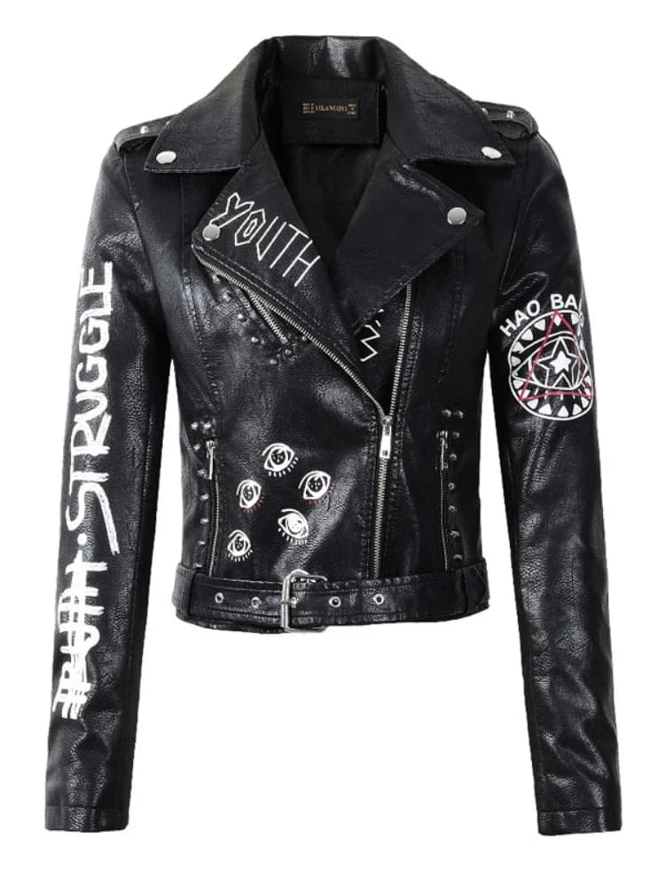 Women Motorcycle Faux Leather Jacket Spring Streetwear Graffiti Print Biker Leather Coat Ladies Black Lapel Zipper Outwear