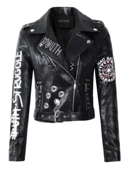 Women Motorcycle Faux Leather Jacket Spring Streetwear Graffiti Print Biker Leather Coat Ladies Black Lapel Zipper Outwear