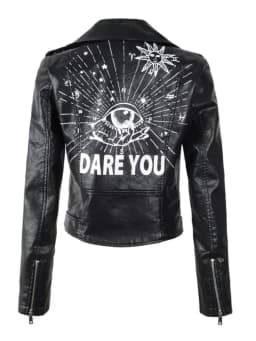 Women Motorcycle Faux Leather Jacket Spring Streetwear Graffiti Print Biker Leather Coat Ladies Black Lapel Zipper Outwear