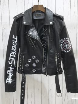 Women Motorcycle Faux Leather Jacket Spring Streetwear Graffiti Print Biker Leather Coat Ladies Black Lapel Zipper Outwear