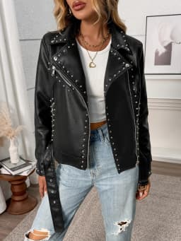 Women Faux Leather Jacket Studded Rivet Moto Biker Trendy Streetwear Punk Coat