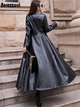 Nerazzurri Maxi Fit and Flare Leather Trench Coat for Women 2021 Spring Long Luxury Designer Clothing Women Long Sleeve Lapel
