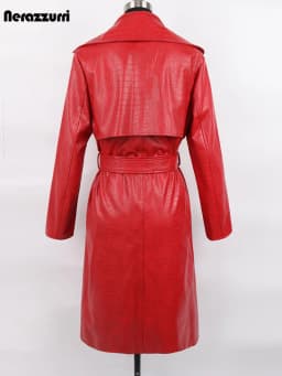 Nerazzurri Autumn Long Loose Red Crocodile Print Leather Trench Coat for Women Belt Double Breasted Waterproof Raincoat Fashion