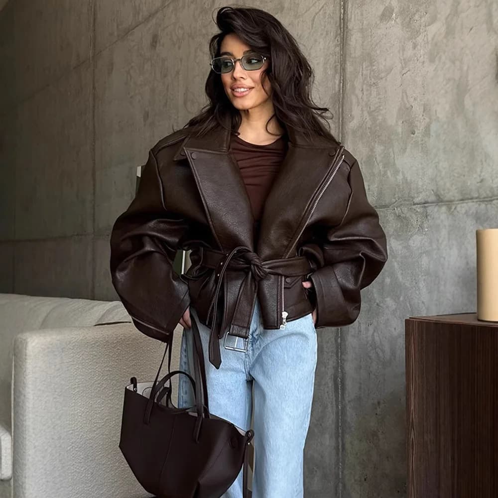 Chic High-end Faux Leathers Coats Women Lapel Short Lace-up Motorcycle Leathers Jackets Ourwear INS Brown Leather Jacket Y2K