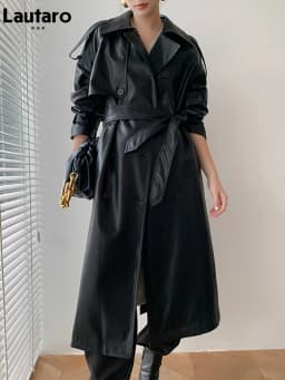 Lautaro Autumn Long Oversized Black Faux Leather Trench Coat for Women Raglan Long Sleeve Double Breasted Brown Korean Fashion
