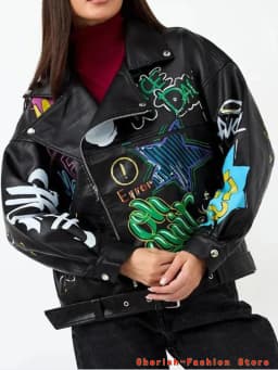 Fashion Brand Coat PU Leather Jacket Women Colorful Print Graffiti Soft Punk Coats Slim Locomotive Cropped Jacket Leather Top
