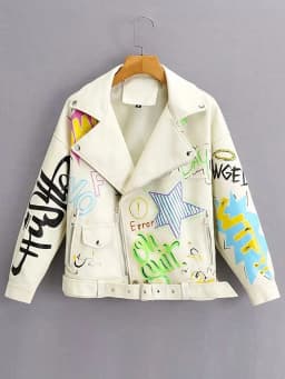 Fashion Brand Coat PU Leather Jacket Women Colorful Print Graffiti Soft Punk Coats Slim Locomotive Cropped Jacket Leather Top