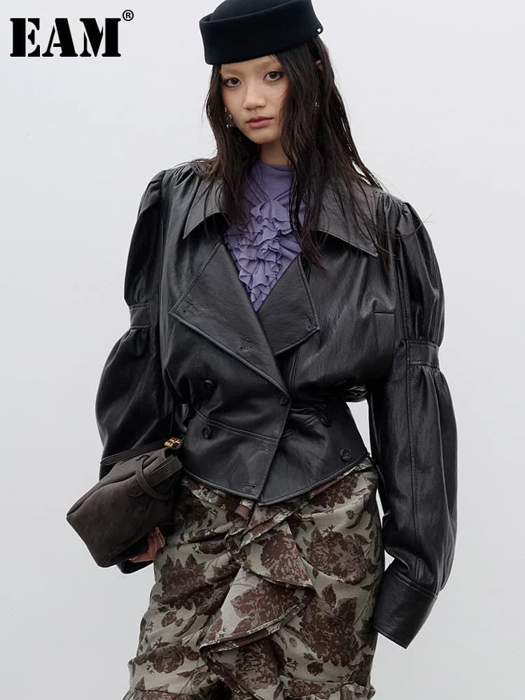 [EAM] Vintage PU Leather Cropped Jacket New Lapel Long Puff Bubble Sleeve Women Coat Fashion Tide Spring Autumn 2026 1DJ9713