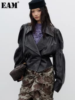 [EAM] Vintage PU Leather Cropped Jacket New Lapel Long Puff Bubble Sleeve Women Coat Fashion Tide Spring Autumn 2026 1DJ9713