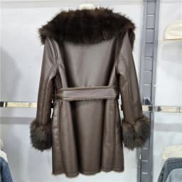 DEAT 2026 Winter Elegant Style Faux Mink Fur Collar PU Leather Coat With Belt For Women V-neak Midi Length Jackets 29A9572
