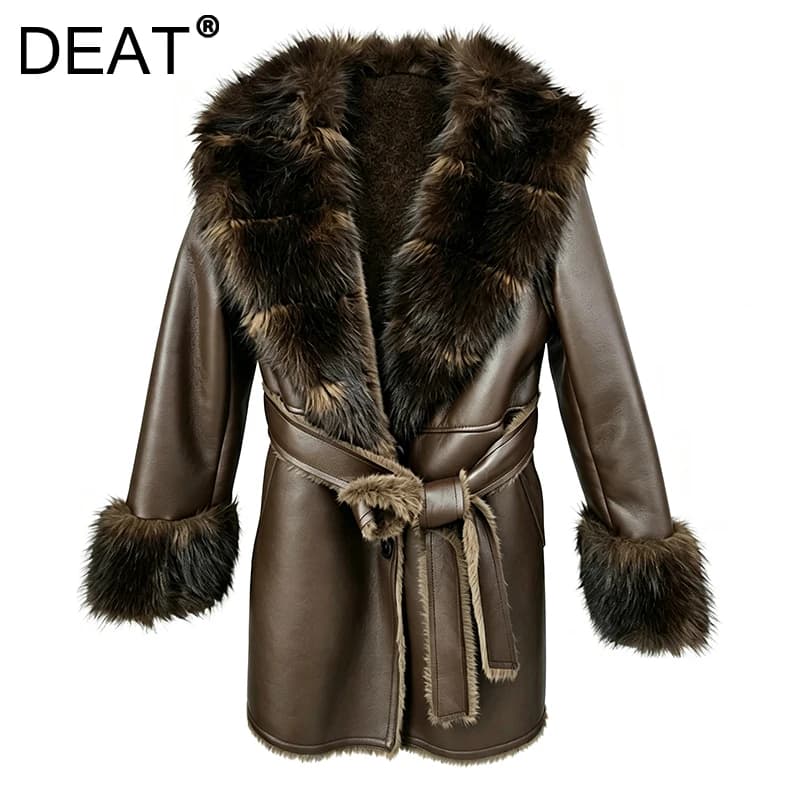 DEAT 2026 Winter Elegant Style Faux Mink Fur Collar PU Leather Coat With Belt For Women V-neak Midi Length Jackets 29A9572