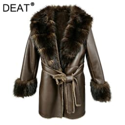 DEAT 2026 Winter Elegant Style Faux Mink Fur Collar PU Leather Coat With Belt For Women V-neak Midi Length Jackets 29A9572