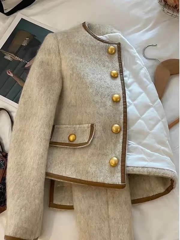 Autumn Winter New Style Warmth Outerwear Women's round Neck Slim Fit Cashmere Coat Leather Design Gold Button Small Fragrance...