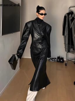 Mauroicardi Spring Autumn Long Black Fitted Leather Trench Coat for Women Shoulder Pads Double Breasted Luxury European Clothes