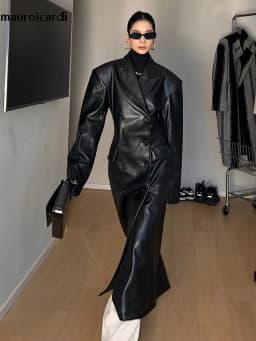Mauroicardi Spring Autumn Long Black Fitted Leather Trench Coat for Women Shoulder Pads Double Breasted Luxury European Clothes