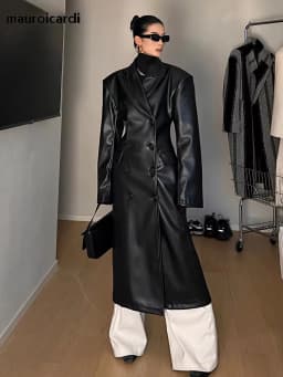 Mauroicardi Spring Autumn Long Black Fitted Leather Trench Coat for Women Shoulder Pads Double Breasted Luxury European Clothes