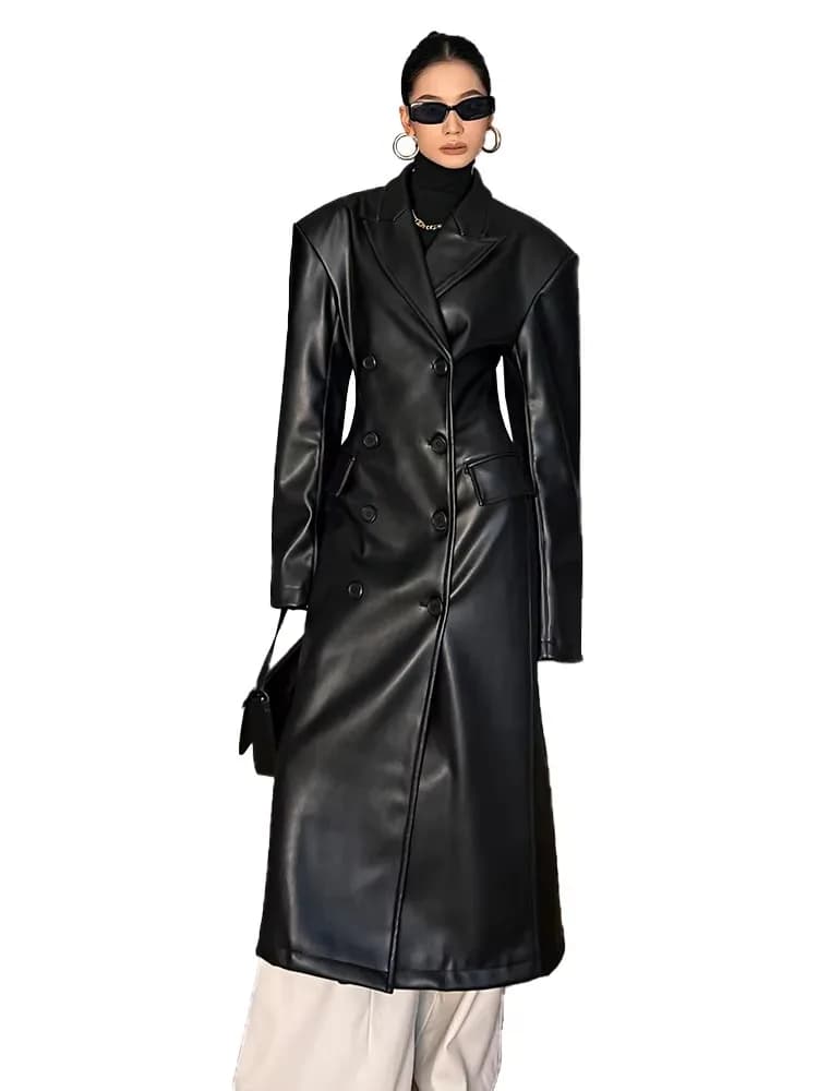 Mauroicardi Spring Autumn Long Black Fitted Leather Trench Coat for Women Shoulder Pads Double Breasted Luxury European Clothes