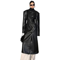 Mauroicardi Spring Autumn Long Black Fitted Leather Trench Coat for Women Shoulder Pads Double Breasted Luxury European Clothes