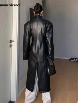 Mauroicardi Spring Autumn Long Black Fitted Leather Trench Coat for Women Shoulder Pads Double Breasted Luxury European Clothes