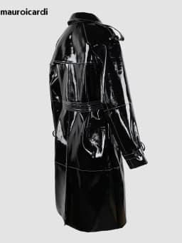 Mauroicardi Spring Long Shiny Reflective Black Patent Pu Leather Trench Coat for Women Belt Double Breasted Y2K European Clothes