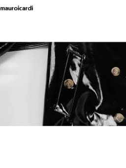 Mauroicardi Spring Long Shiny Reflective Black Patent Pu Leather Trench Coat for Women Belt Double Breasted Y2K European Clothes