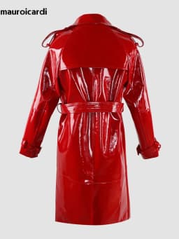 Mauroicardi Spring Long Shiny Reflective Black Patent Pu Leather Trench Coat for Women Belt Double Breasted Y2K European Clothes